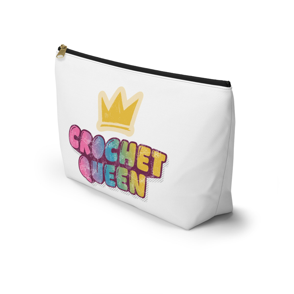 White pouch with 'Crochet Queen' text and a crown graphic on a white background