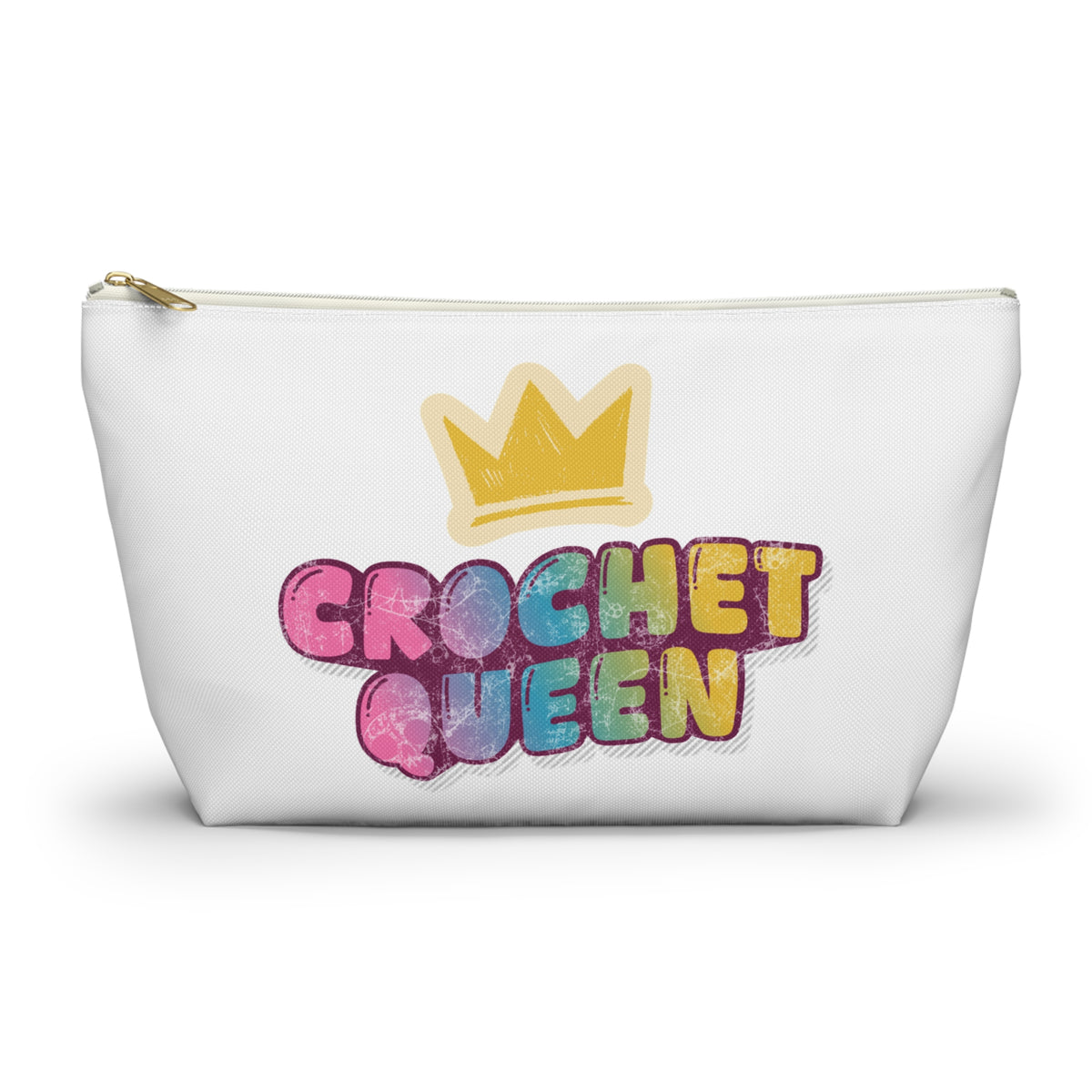 White pouch with 'Crochet Queen' text and a crown design on a white background