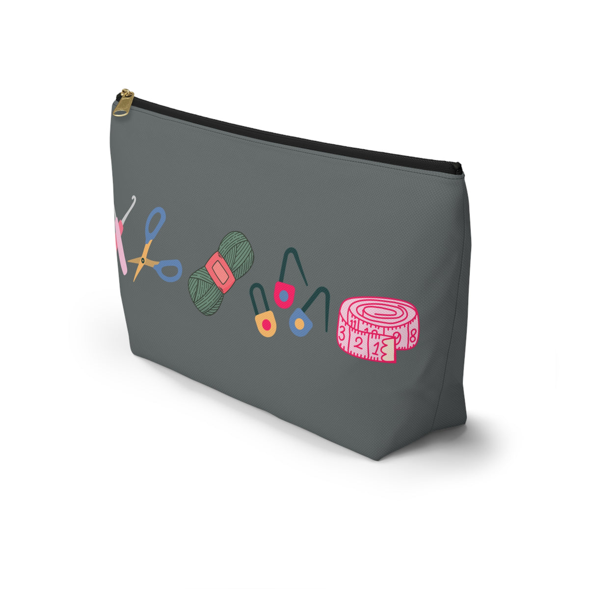 Gray pouch with colorful sewing tools illustration on a white background