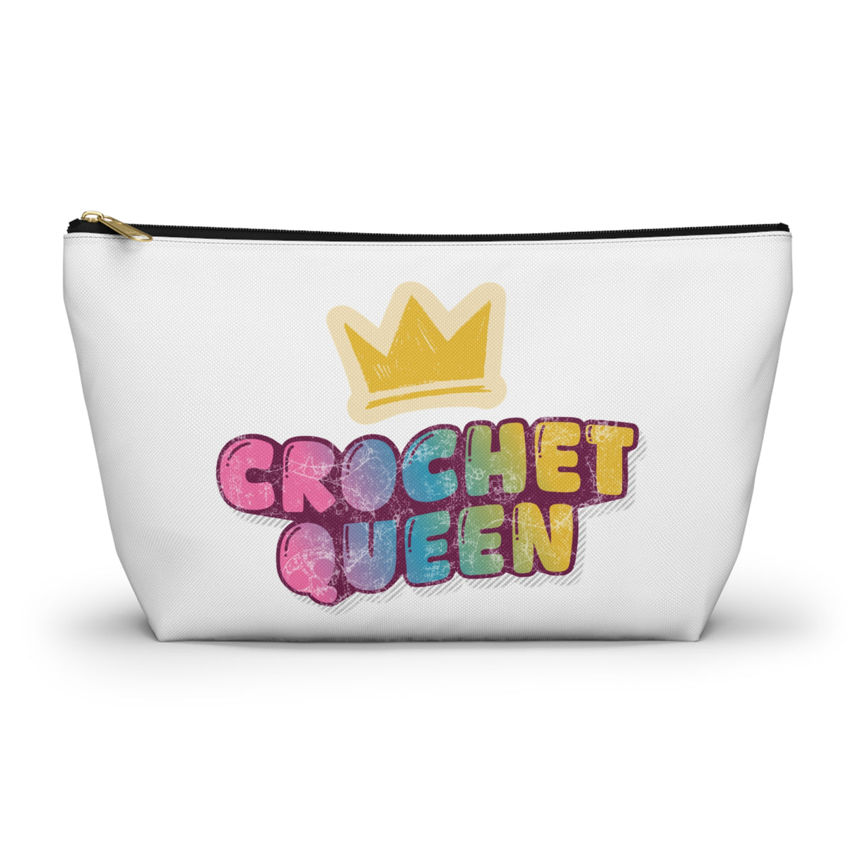 White pouch with 'Crochet Queen' text and a crown design on a white background