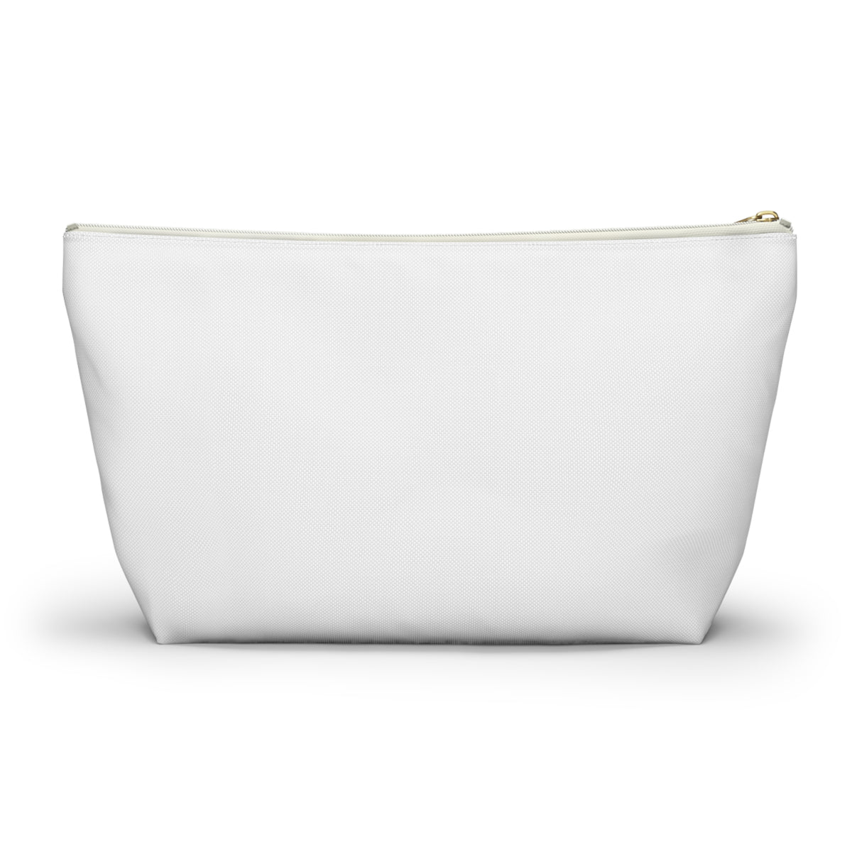 White pouch with a gold zipper on a white background