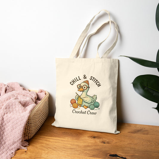 Chill & Stitch Crochet Crew Tote Bag | Cotton Canvas Tote | Crochet Supplies Storage Bag