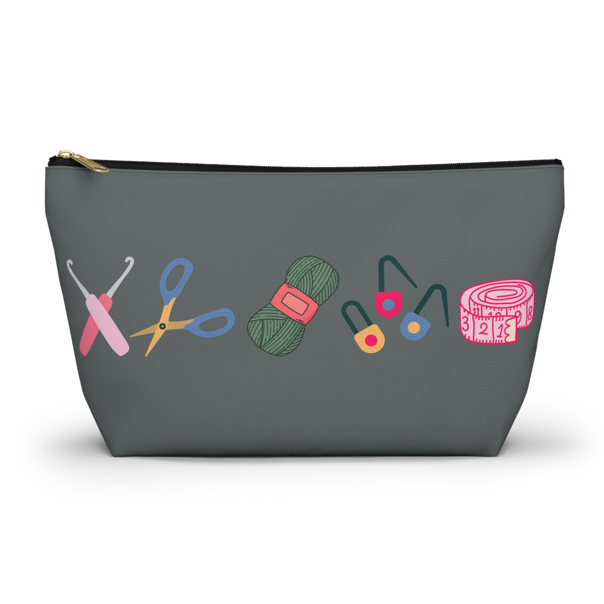 Gray pouch with colorful sewing tools on a white background