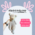 a crochet plush lovey bear with a blanket body in multicololor yarn.