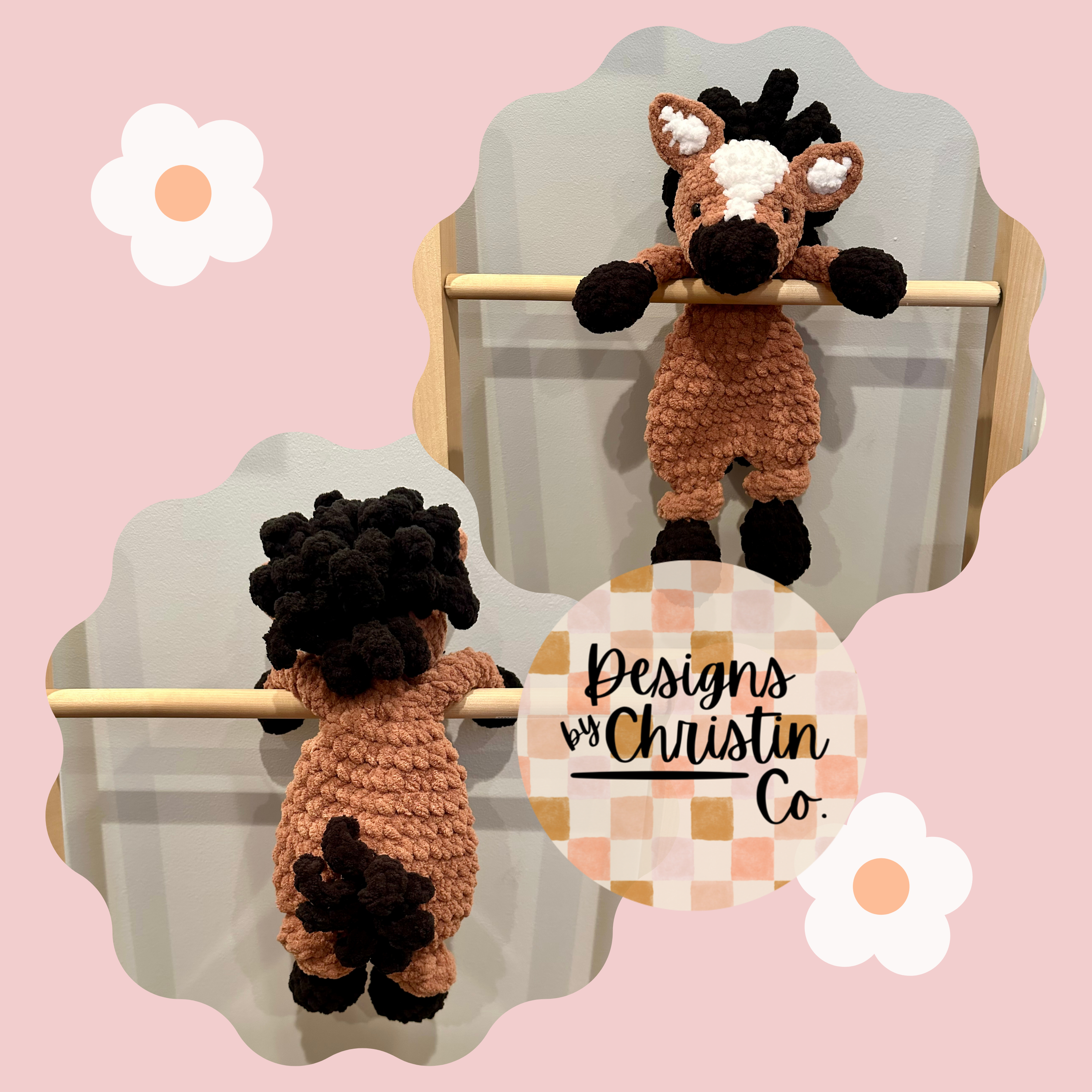 A crochet plush horse lovey in brown, white, and black with a stuffed head and hooves and an unstuffed body.