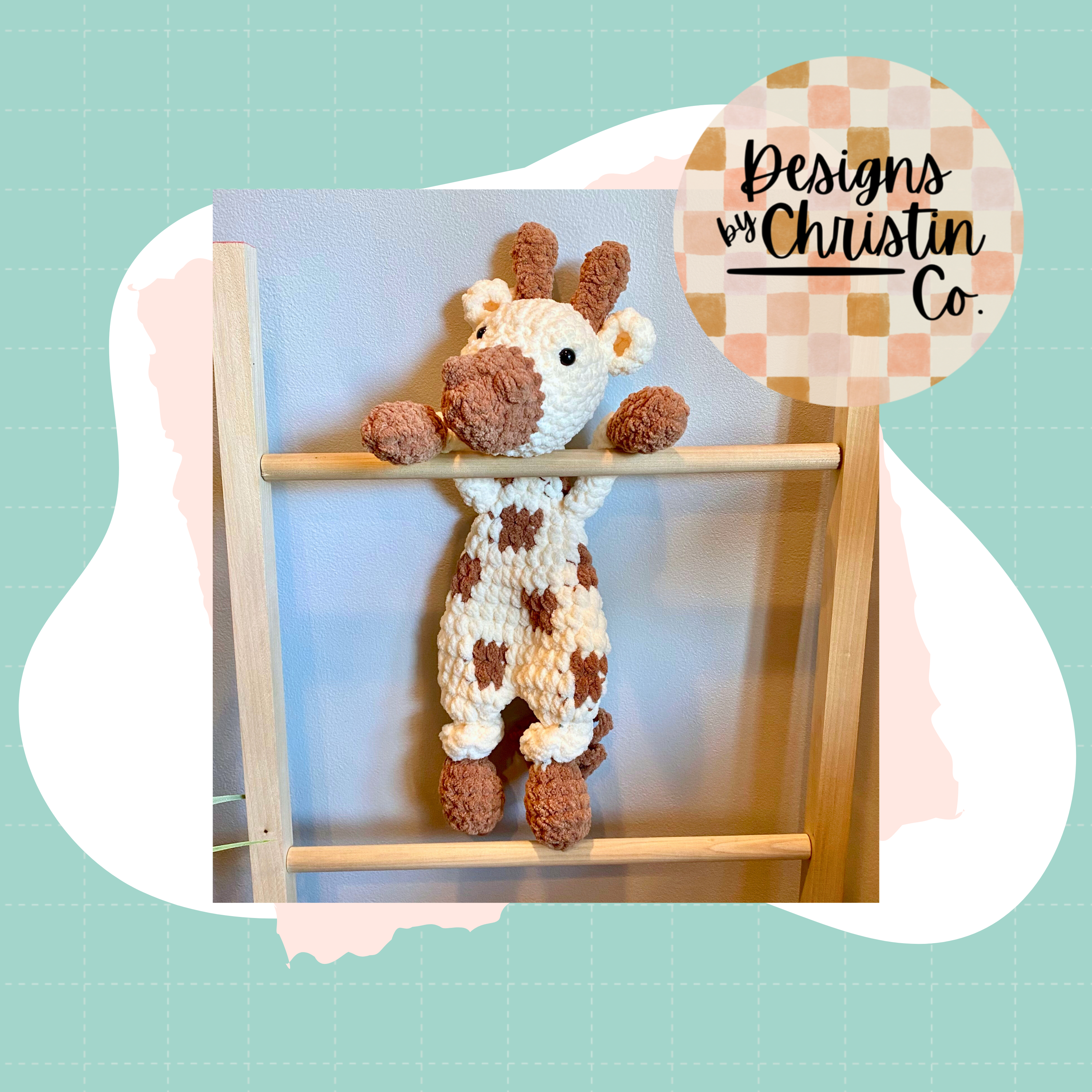 a crochet plush giraffe lovey in brown and off-white with a stuffed head and hooves and an unstuffed body.