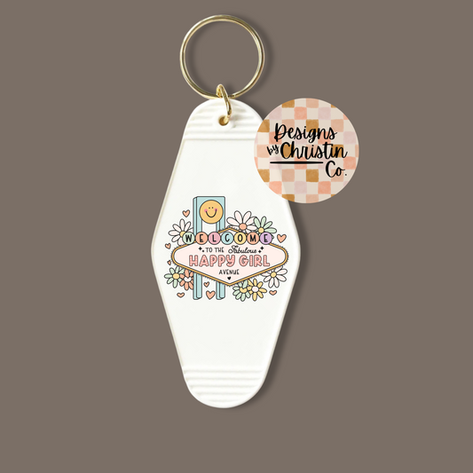 Happy Girl Avenue Retro Motel Keychain