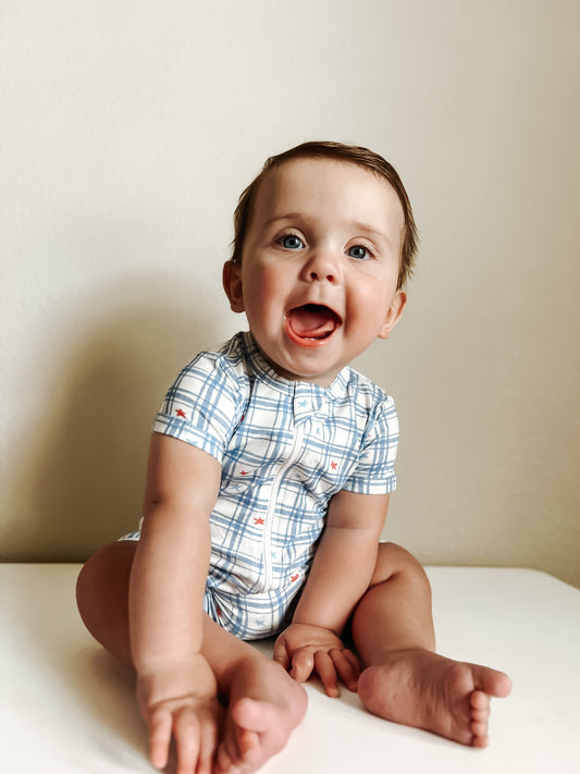 Stars Gingham Bamboo Shorty Romper