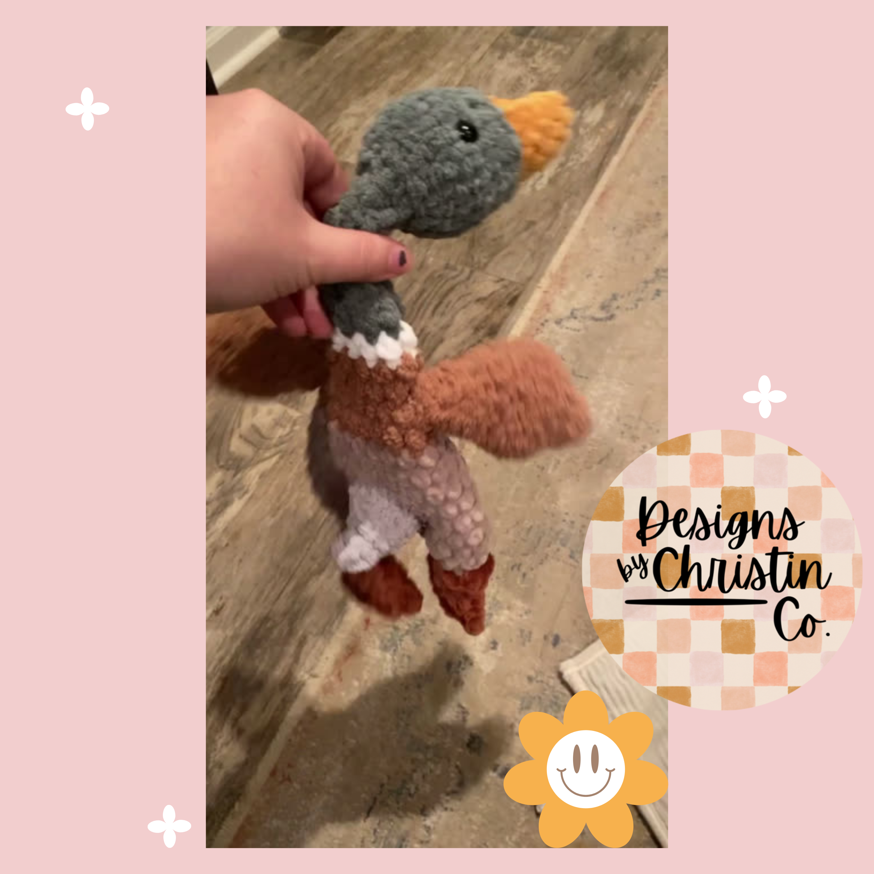 video of a crochet mallard lovey with a stuffed head and an unstuffed body.