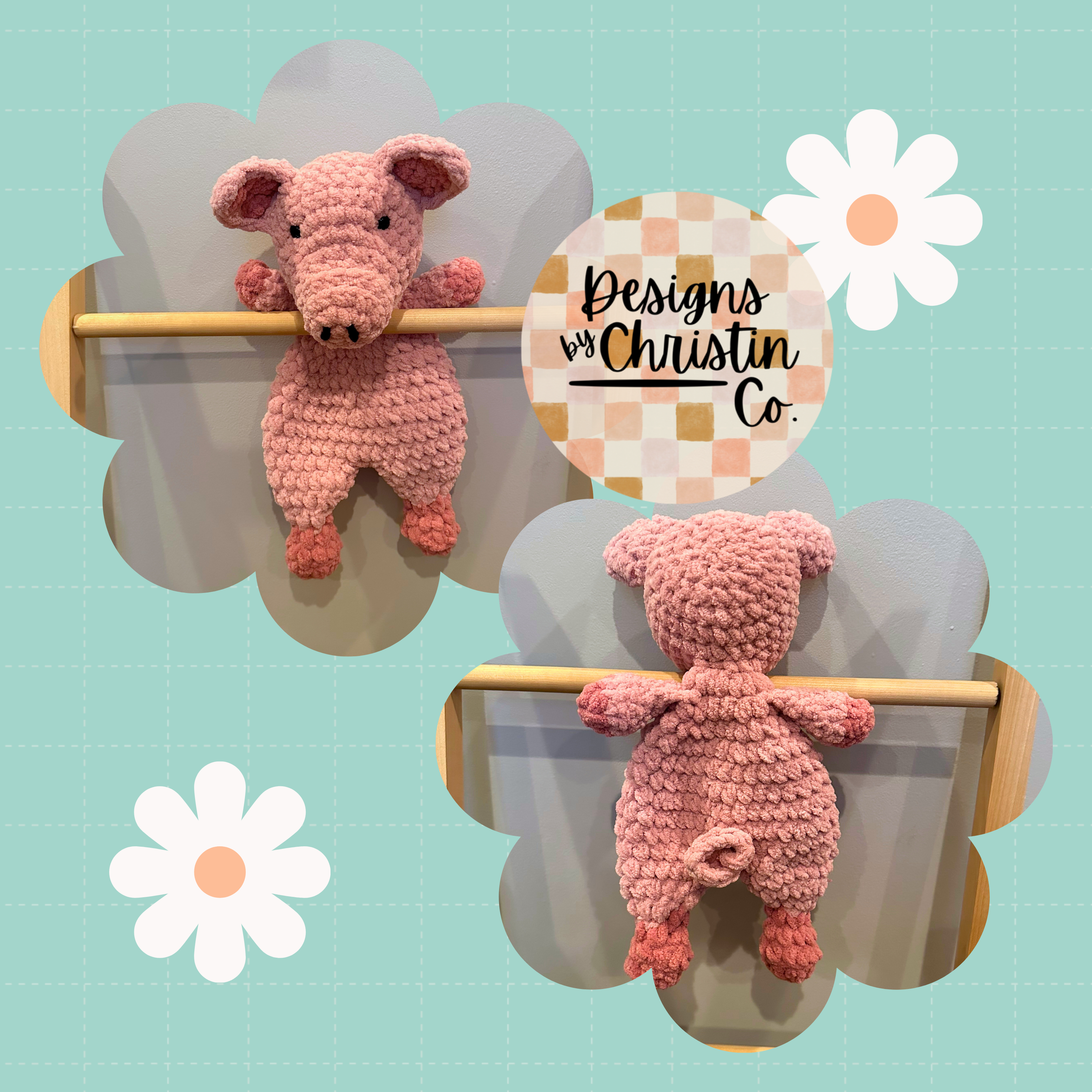 A crochet plush pig toy with a stuffed head and hooves, and an unstuffed body.