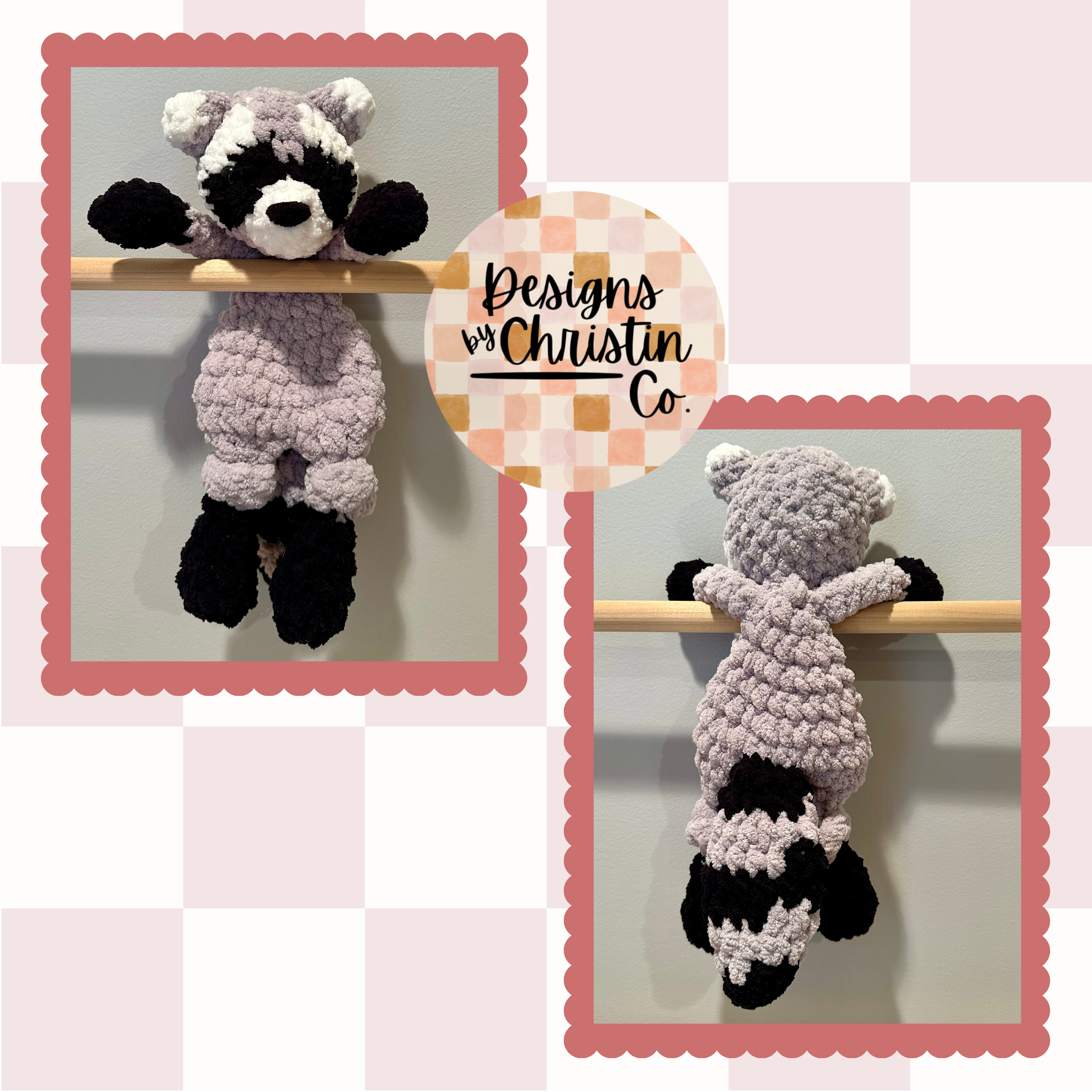 A crochet lovey with a raccoon design, made in shades of gray, black, and white, displayed on a wooden hanger.