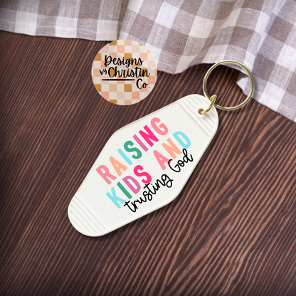 Raising Kids & Trusting God Retro Keychain