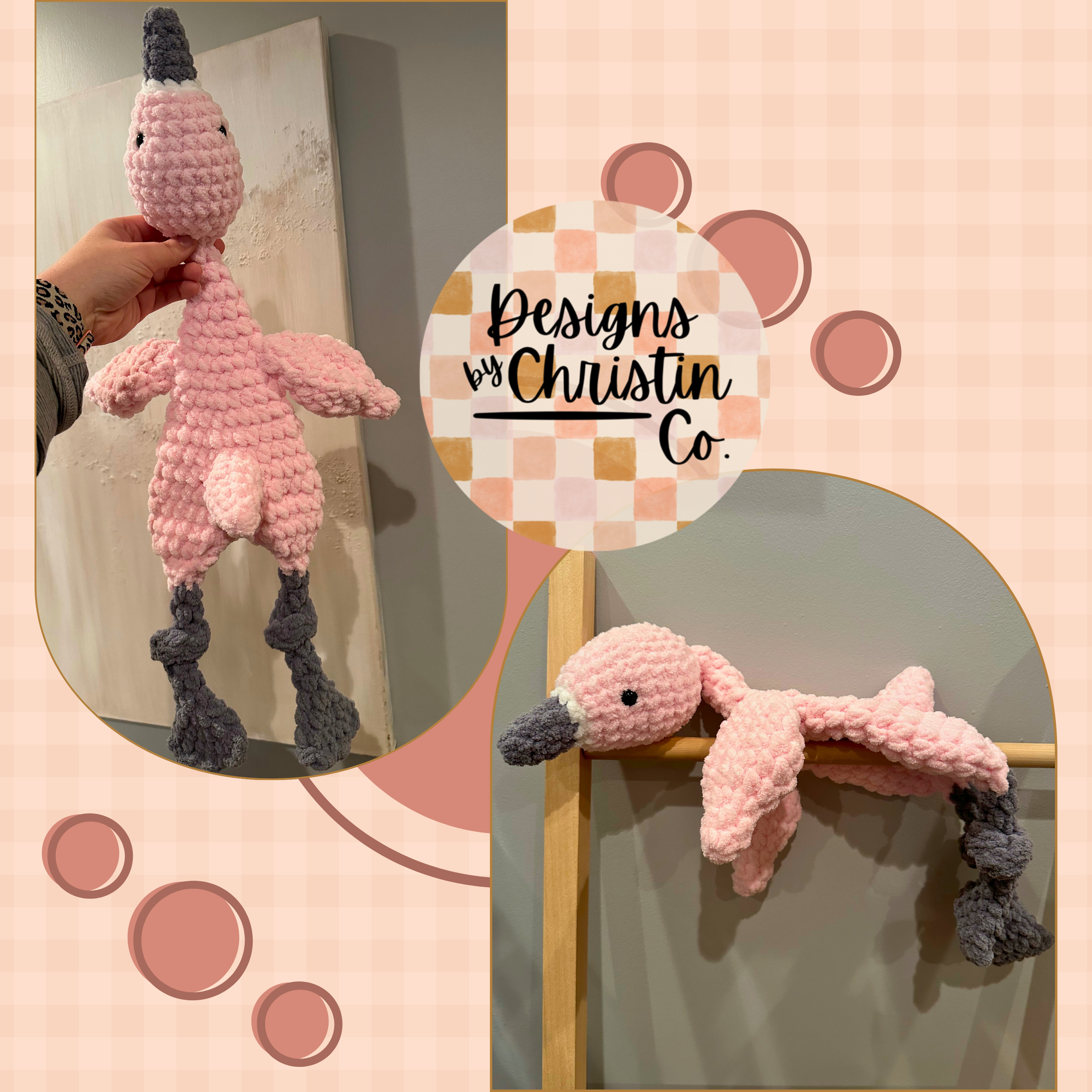 A crochet pink flamingo-shaped lovey with a stuffed head and an unstuffed body.
