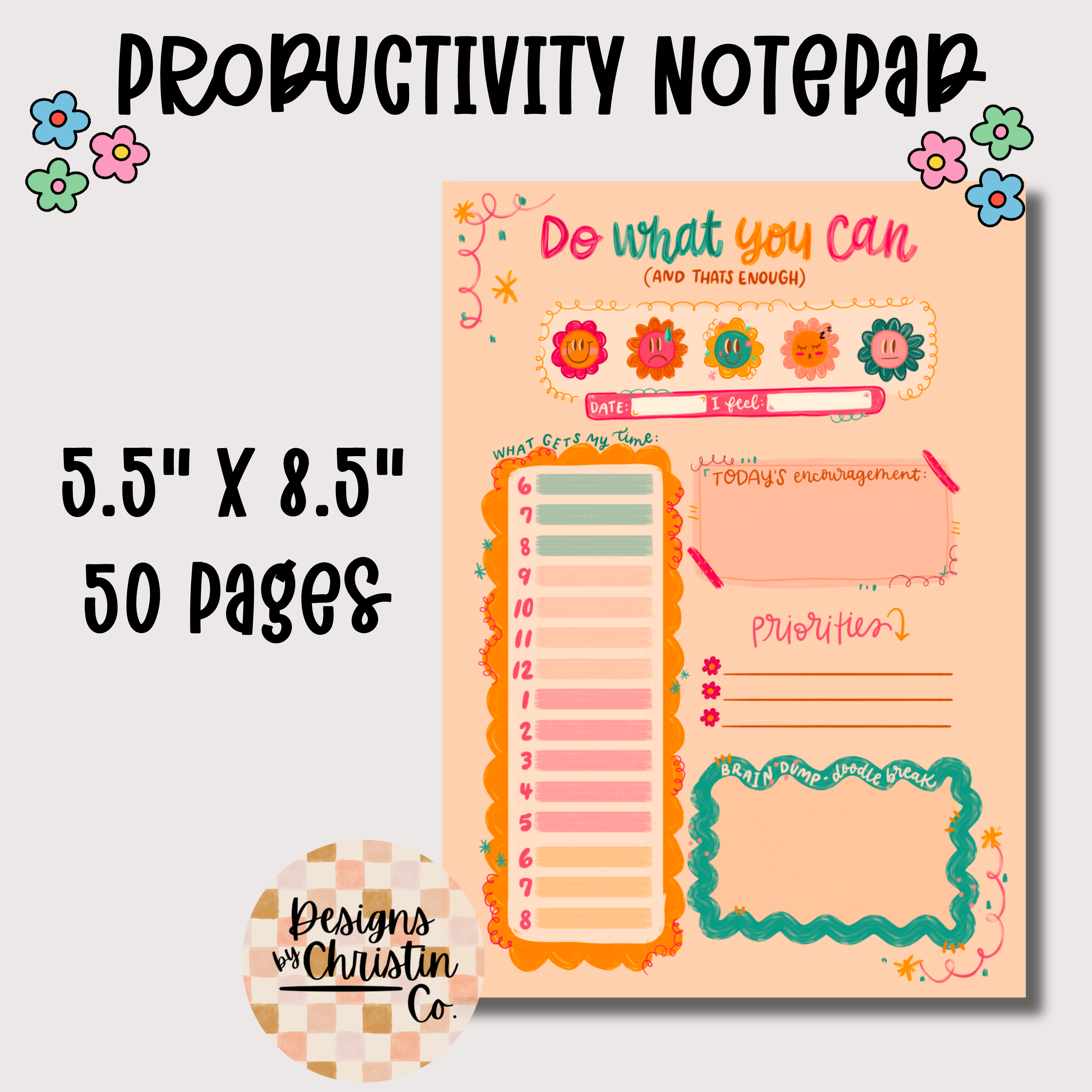 A promotional image of a Productivity Notepad with the text '5.5" x 8.